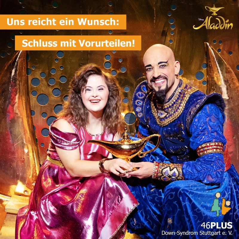 Reka Schatz und Maximilian Mann, der Flaschengeist Dschinni in dem Musical ‚Aladin‘.